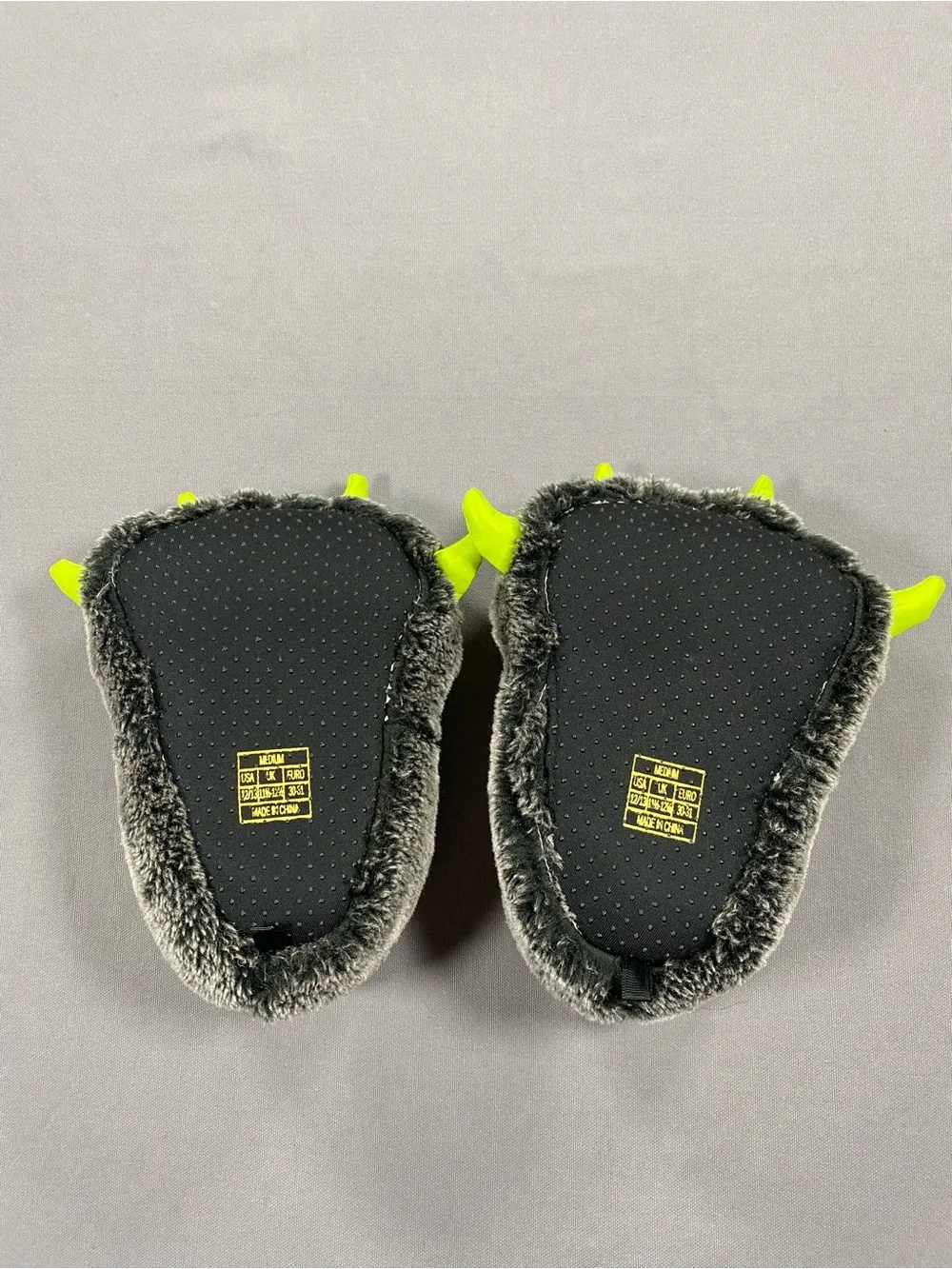 Falls Creek Kids Plush Monster Paw Slippers — Gray with Neon Green Claws